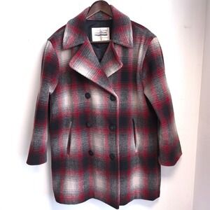 Wool Plaid Peacoat Red Black Double Breasted Six Button Made Bulgaria Size L